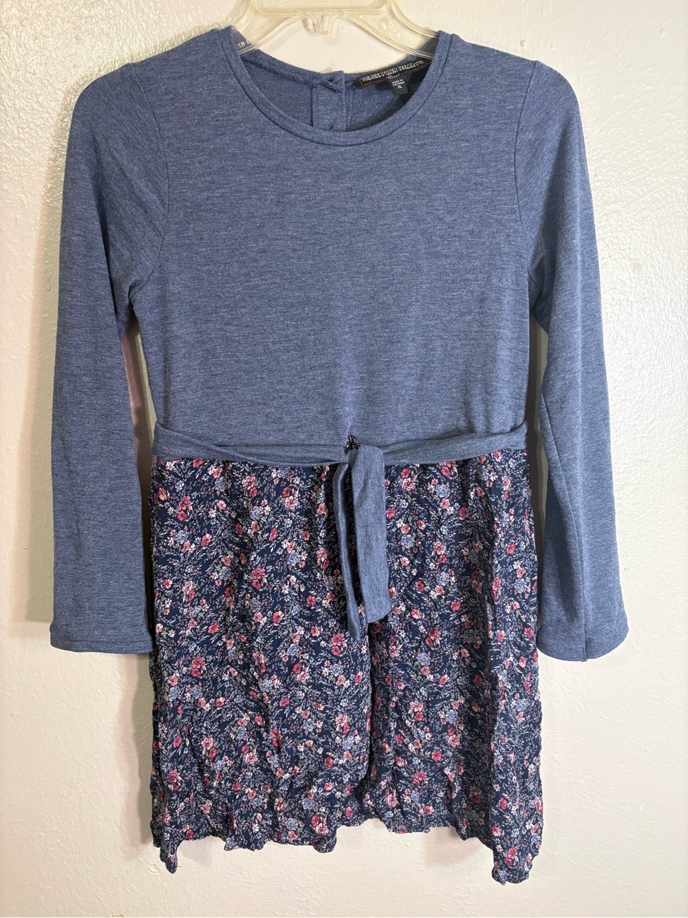 Three Pink Hearts Blue Pink Flowers Floral Dress Bow Long Sleeve Girls XL